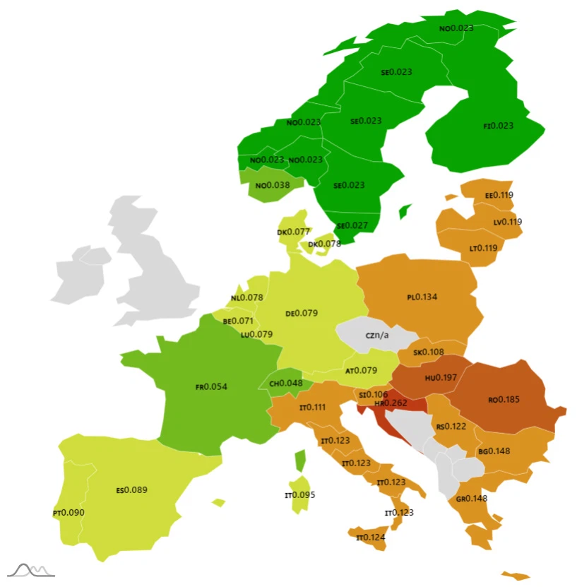Electricity spot price map in Europe